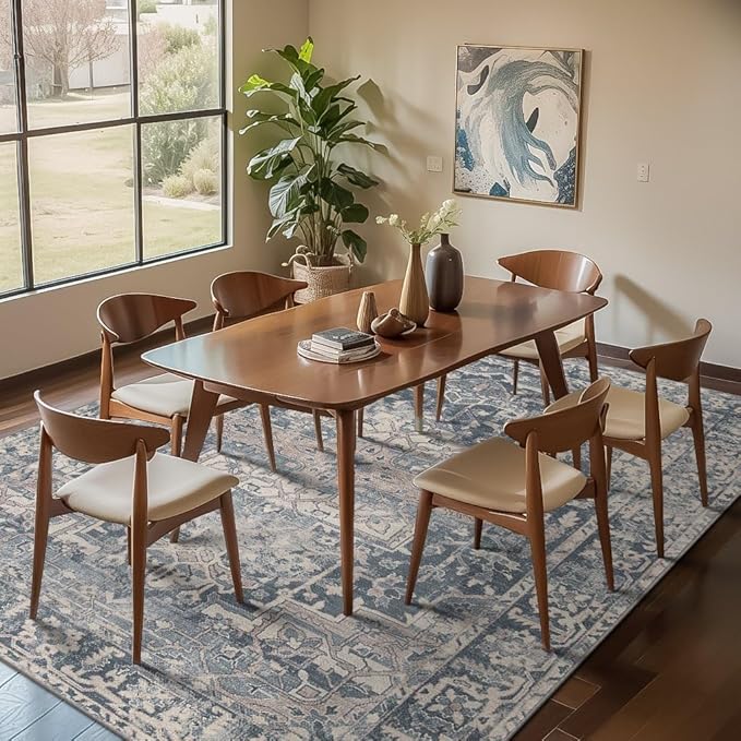 Rugxara 5x7 Area Rugs for Living Room Bedroom, Blue Washable Rug, Vintage Retro Boho Rug, Non Slip & Low Pile Faux Wool Thin Carpet for Indoor Dining Room and Kids Room(Blue 5x7ft)