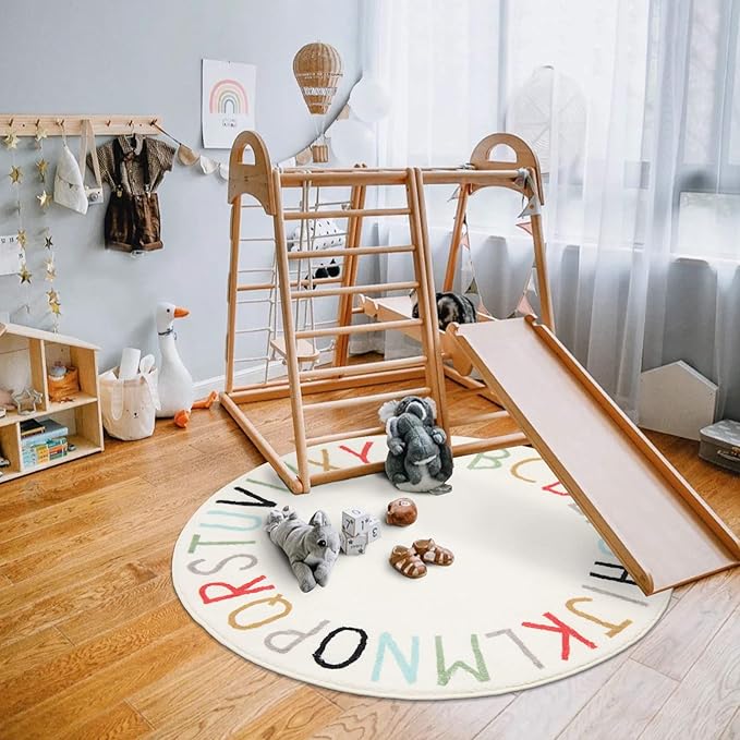 Topotdor Rainbow Round Kids Play Rug Alphabet Nursery Area Rug Extra Large Soft Crawling Play Mat for Children Toddlers Bedroom (63 inch, Multi Color)