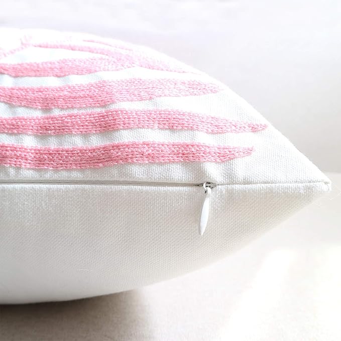 Embroidery Throw Pillow Cover 18x18 Home Decor Floor Pillow Cover for Couch Sofa Chair 100% Cotton Loop Embroidered Pink Tropical Leaves Cushion Cover Square Pillowcase 45x45cm, 1 Piece
