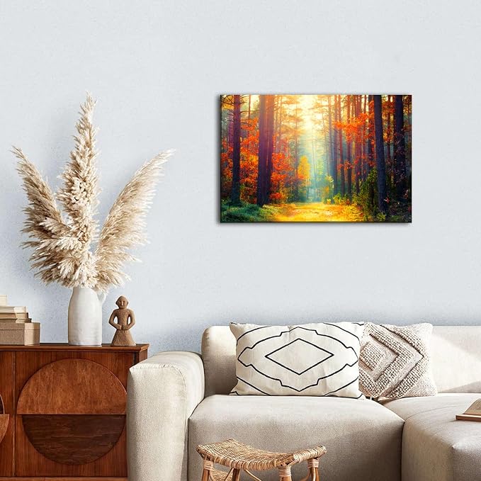 Fall Pictures Wall Decor for Living Room Bedroom Panorama Autumn Forest Wall Art Nature Landscape Sunset Scene Canvas Prints Fall Orange Birch Trees Paintings Modern Artwork Home Decorations 16x24”