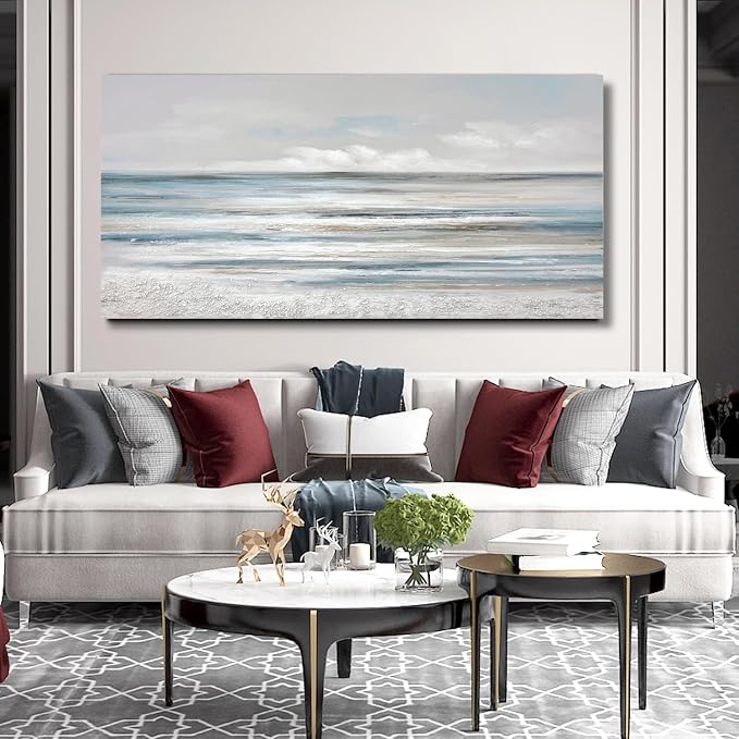 TRAIN2 ART Abstract Wall Art Modern Coastal Wall Decor Textured Blue and White Sea Background Canvas Wall Art for Living Room Bedroom Kitchen Office 20"x40"