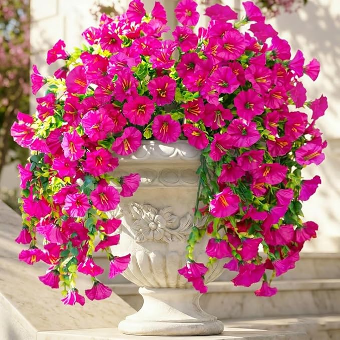 Ivydale 2 PCS Artificial Hanging Flowers Fake Plants Outdoor,Silk Morning Glory Faux Flowers with Eucalyptus Leaves,UV Resistant Realistic Hanging Petunias Plants for Home Garden Decor (Fuchsia)