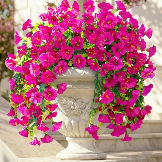 Ivydale 2 PCS Artificial Hanging Flowers Fake Plants Outdoor,Silk Morning Glory Faux Flowers with Eucalyptus Leaves,UV Resistant Realistic Hanging Petunias Plants for Home Garden Decor (Fuchsia)