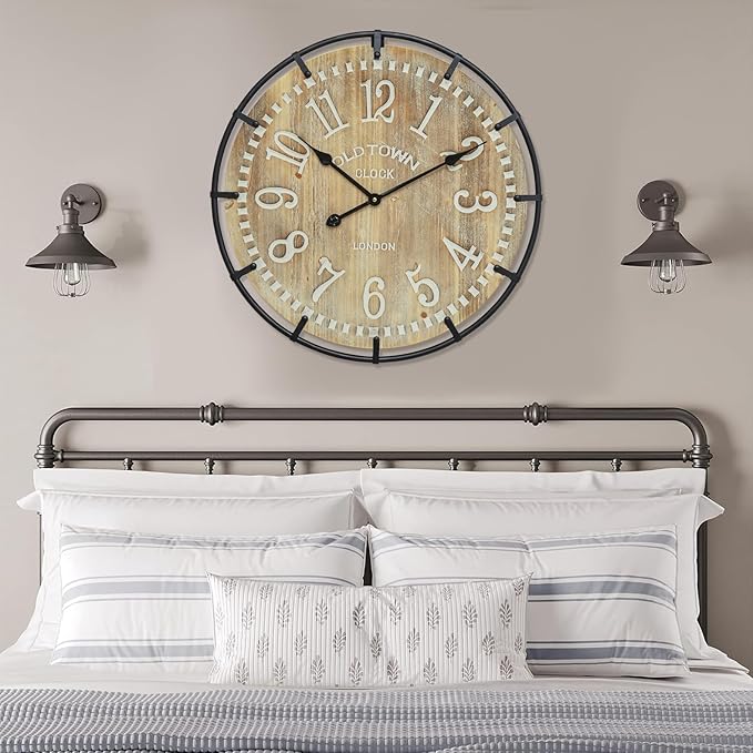 EMAX HOME 24 Inch Large Farmhouse Wall Clock - Rustic Antique Wood, Silent Battery Operated Clock for Office Kitchen Bedroom Living Room