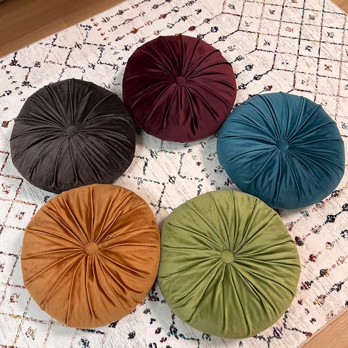 vctops Round Velvet Solid Color Chair Cushion Pumpkin Pleated Throw Pillow Home Decorative Floor Pillow Diameter 15" Coffee