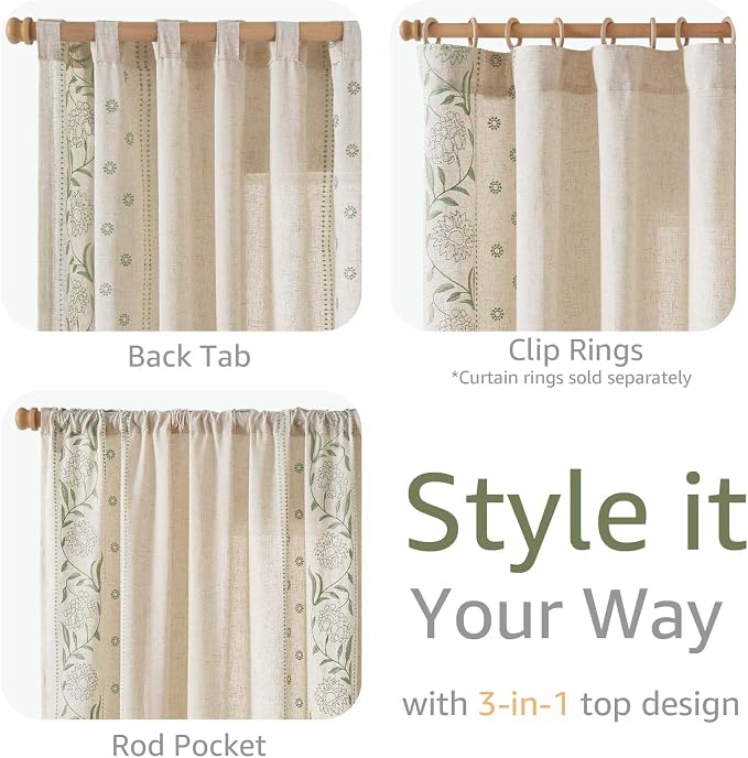 jinchan Winslow Linen Curtains for Bedroom 90 Inches Length Embroidered Bordered Floral Curtains for Living Room Farmhouse Decor Light Filtering Window Treatments Sage on Beige Drapes 2 Panels
