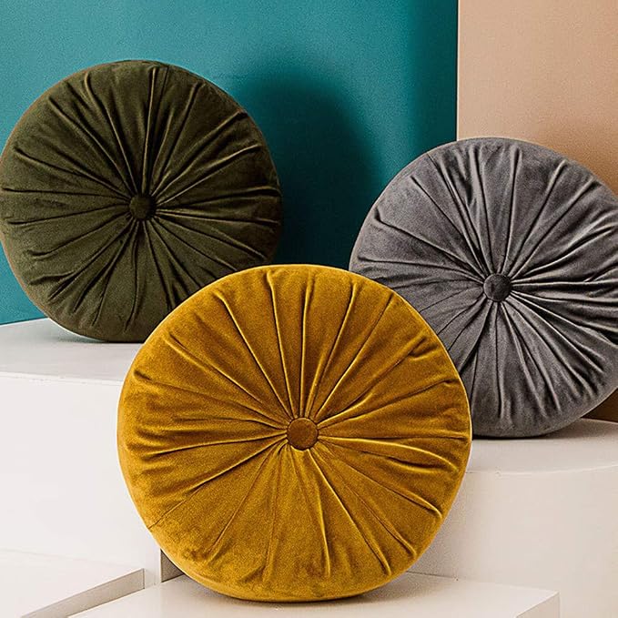 vctops Round Velvet Solid Color Chair Cushion Pumpkin Pleated Throw Pillow Home Decorative Floor Pillow Diameter 15" Light Grey