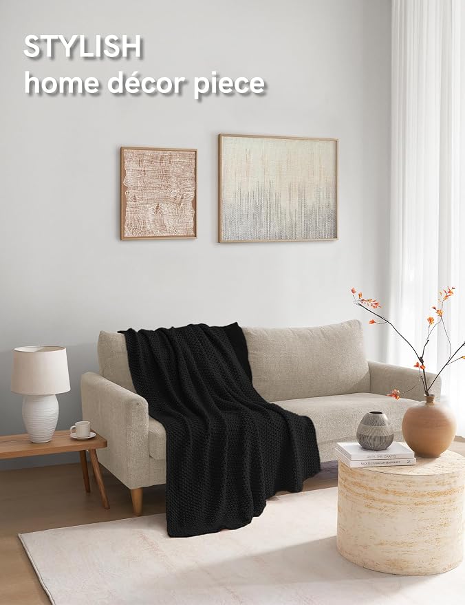 YnM Chunky Cotton Knit Throw Blanket, Cable Knit Throws for Bed Couch Sofa, Comfy & Relaxing, Decorative Piece for Farmhouse Modern Boho Rustic Scandinavian Chic Vibe, Black 50x60 Inches