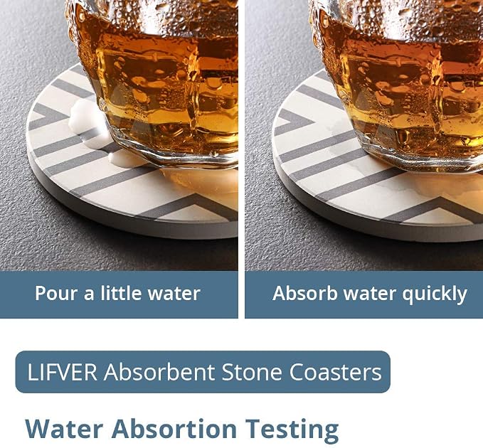 LIFVER 6 Piece Absorbent Coaster Set with Holder + LIFVER Coasters for Drinks, White Marble-Style Absorbent Coasters with Holder