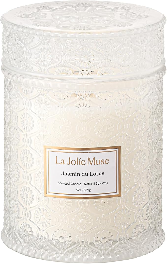LA JOLIE MUSE Jasmine Lotus Scented Candles for Home, Natural Soy Wax, 19oz | Large Jar Luxury Candles, Clean Non Toxic, Floral Candle Gifts for Women & Mom, Decorative White Candles, Engaged Candle Gift