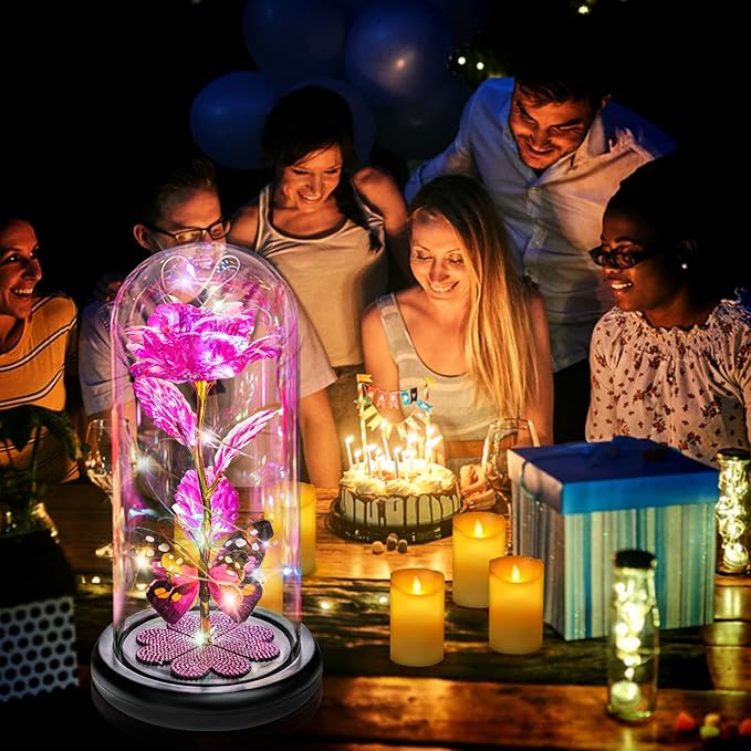 Mothers Day Mom Gifts for Mom Women Birthday Gift Galaxy Glass Rose in Glass Dome Forever Eternal Crystal Flowers with Butterfly Mother's Day Flowers Gifts for Women Wife Grandma Daughter Sister Pink