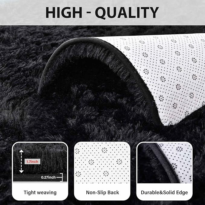 FinRèc 5x8 Feet Black Rugs for Living Room Bedroom, Fluffy Shaggy Area Rug, Non-Slip Soft Shag Rug for Nursery Kids Room Dorm Room Home Decor, Indoor Plush Floor Carpet