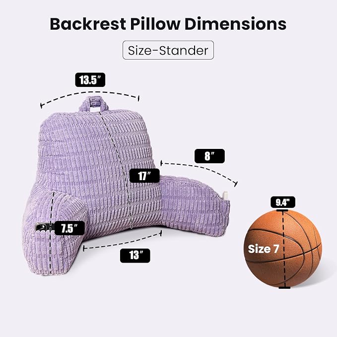 Reading Pillow for Sitting in Bed with Arm,Purple Corduroy,M | Sitting Pillow for Teens Back Support,17" Backrest Pillow Supports Reading,Gaming & Relaxing in Bed,Couch,or Floor