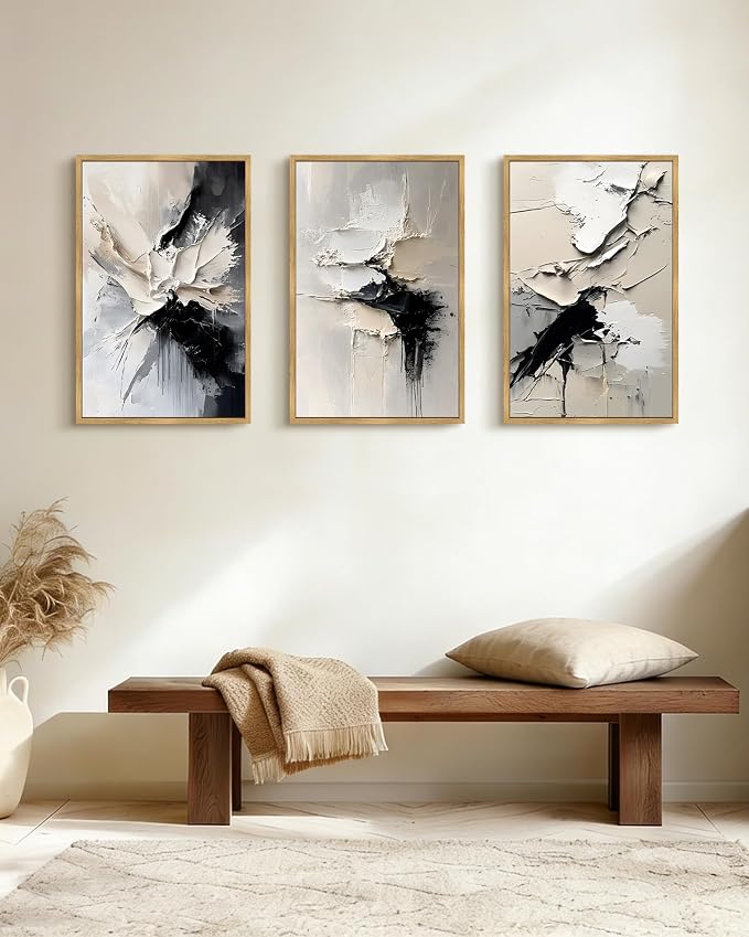 PHOPAGO Black Abstract Framed Wall Art Large 16x24in Minimalist Neutral Color Block Pastel Wall Decor Modern Brush Stroke Illustration Paints Home Decor - Natural Framed