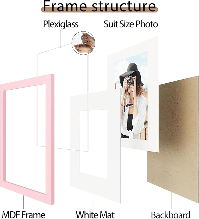 Picrit 12x16 Picture Frame Set of 12, Display 8.5x11 with Mat or 12x16 without Mat, Photo Frames for Wall Mounting Display, Pink