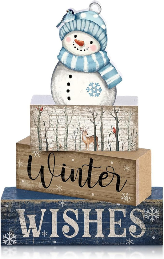 Lineshading 4 Pcs White Table Decor Wooden Snowman Blue and White Winter Tiered Tray Decor Christmas Table Centerpiece Wooden Rustic Snowman Block Sign Gifts Farmhouse for Home Kitchen Shelf