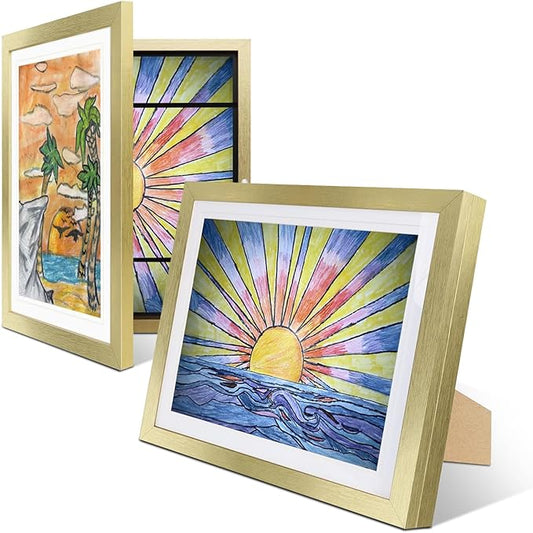2-Pack Kids Artwork Frames Changeable 10x12.5 with Easel Stands, Hangers, Backboards, Shatterproof Plexiglass | 2 Mats Fit 9x12, 8.5x11, A4 Paper Sizes | Large and Easy-Access Kids Art Frame Display and Storage for up to 100 Sheets (Gold)