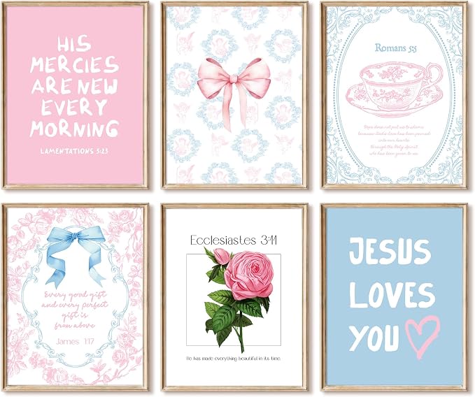 Christian Wall Art Decor Bible Verses Poster Girl Preppy Canvas Room Decor Pink Blue Scripture Wall Art Coquette Floral Bow Aesthetic Prints Trendy Artwork for Girl Bedroom 12x16x6 Inch Unframed