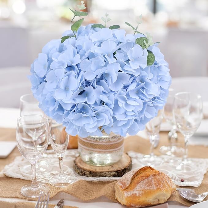 AVIVIHO 65pcs Baby Blue Fake Flowers Hydrangea Artificial Flowers Bulk (Not Squished, No Steaming Need) Silk Flowers with Stems for Home Weddings,Table Centerpieces,Party Arch Decorations