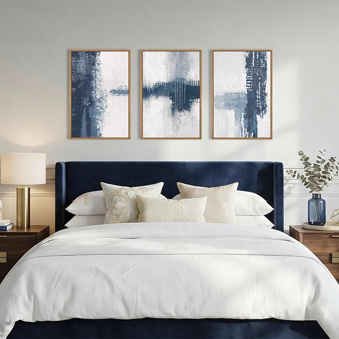 Large Abstract Navy Blue Grey Framed Canvas Wall Art Set,Neutral Minimalist Brush Stroke Wall Decor,Modern Blue Color Block Artwork for Living Room,Bedroom,Dining Room,Office-24 x36 x3