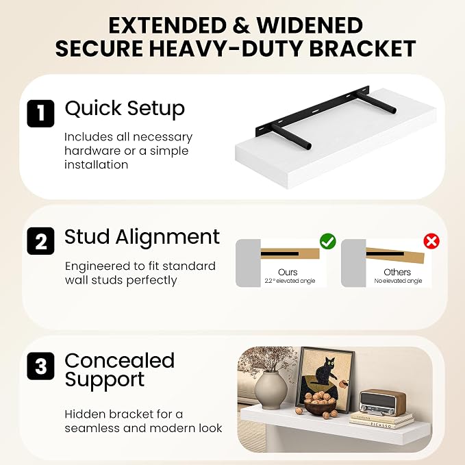 Fun Memories 30Inch Floating Shelves for Wall, 8 Inch Deep Shelves for Bathroom|Bedroom|Kitchen Wall Mounted, Wood Hanging Shelf with Invisible Brackets for Home Storage Decor, White - 3 Pack