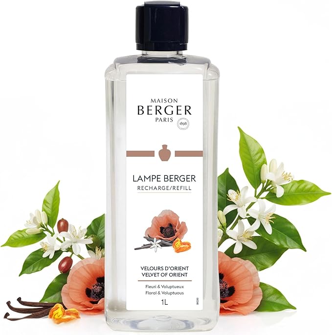 Maison Berger Velvet of Orient Lampe Berger Refill, 1 Liter (33.8 fl oz), 2-in-1 Catalytic System, Neutralizes Odors and Diffuses Fragrance, Coffee Flower, Citrus, Orange Blossom, Made in France