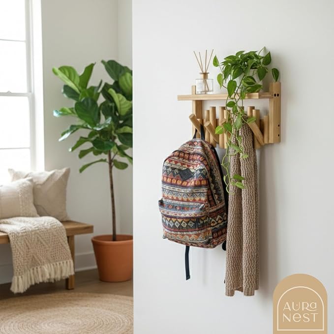 Bamboo Wall Mounted Coat Rack with Shelf Flip Down Wooden Hooks for Entryway Hallway Bedroom | Natural Piano Hanger, 5 Hooks, Space Saving Organizer