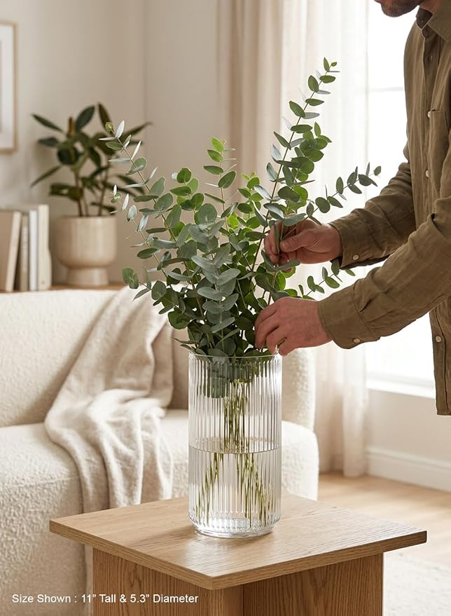 Serene Spaces Living Clear Pleated Glass Votive Holder, Decorative Centerpiece for Wedding, Christmas, Thanksgiving, Party, Dining Table, Living Room, Home Décor, Measures 11" Tall