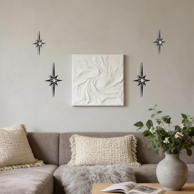 sxnzequnze 4 Pack Metal Star Wall Art 8 Pointed Starburst Wall Decor Set with 2 Large & 2 Small Pieces Mid Century Celestial Metal Wall Sculpture for Bedroom Living Room Office Gallery Wall