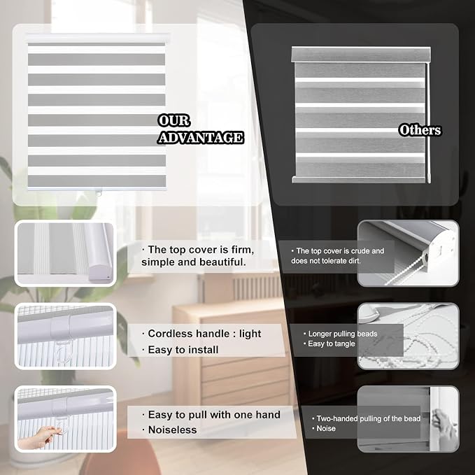 AOSKY Zebra Blinds for Windows Cordless Roller Shades for Home Free-Stop Windows Shades Dual Layer Light Control for Day and Night Easy to Install (43" W X 72" H, Grey)