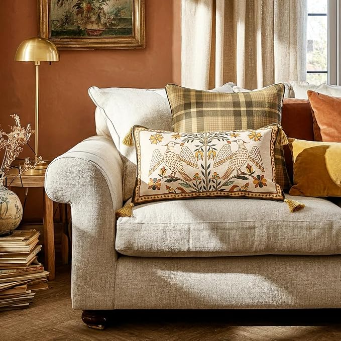 bilin gaier Designer French Linen Throw Pillow Cover,20"x12"-Seville A | Vintage Elegant Rectangular Pillow Cover,Concealed Zipper,Floral and Bird Pattern,Sofas,Bedroom,Living Room,Chairs