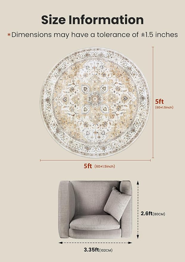 AMADA HOMEFURNISHING Round 5ft Area Rugs, Low-Profile Washable Rug with Non-Slip Backing & Durable Edge Binding, Vintage Rugs for Living Room, Bedroom, Dinning Room