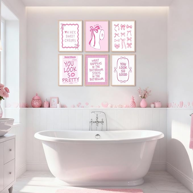 Pink Bow Bathroom Wall Art Decor Girl Coquette Posters Preppy Cute Pictures | Girly Bathroom Canvas Wall Art Pink Bowknot Aesthetic Poster Toilet Paper Prints for Washroom Restroom 12x16x6 Inch Unframed