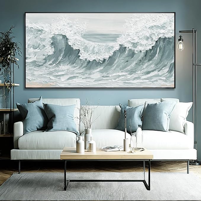 Large Framed Green Giant Waves Abstract Ocean Nature Wall Art Modern Neutral Wall Decor Canvas Print Textured White Painting Pictures for Living Room Bedroom Home 29"x58"