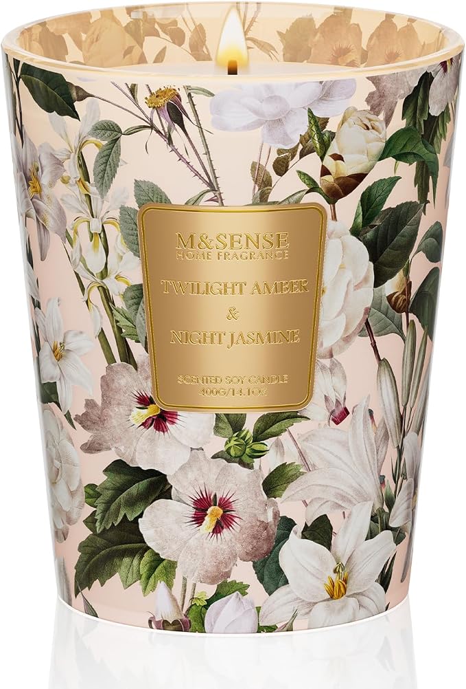 M&SENSE Amber Jasmine Soy Candle, 14.1oz, Warm Floral Stress Relief Scent | 60H Long Burn, Non-Toxic, Bedroom Calming, Relaxation Home Fragrance, Romantic Gifts for Women