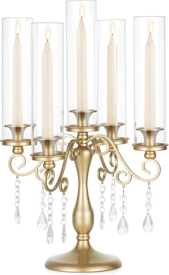 Sziqiqi Gold Candelabra Candle Holder: 5 Arm Vintage Candelabras Wedding Centerpieces for Table - Candlestick Candle Holders with Hurricane Glass for Table Centerpiece Christmas Party Event