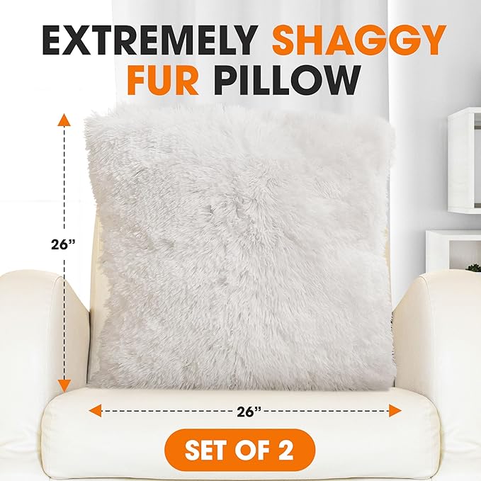 Cheer Collection Throw Pillows for Couch and Bed, Soft Shaggy Throw Pillows with Inserts Included, Cozy Long Hair Faux Fur Pillows - Set of 2-26" x 26" White