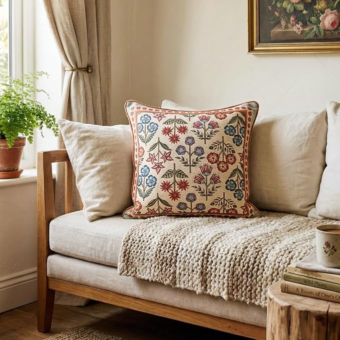 bilin gaier Designer Square Linen Throw Pillow Cover,18"x18"-Lohi A | Vintage Elegant Pillow Cover,Concealed Zipper Design,Colorful Floral Pattern,Sofas,Bedroom,Living Room,Lounge Chairs