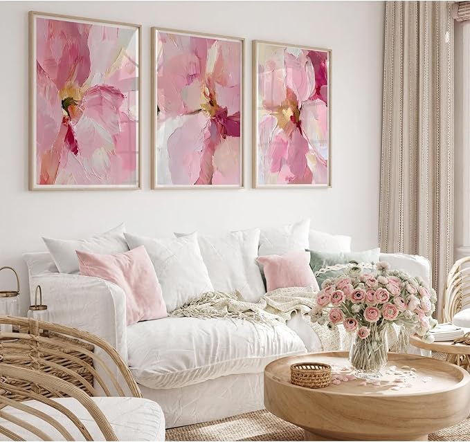 Abstract Floral Wall Art Pink Flower Canvas Pictures Modern Wall Decor Blush Pastel Pink Prints Peony Painting Minimalist Poster Botanical Artwork for Bedroom Living Room 24x36 Inch Unframed set of 3