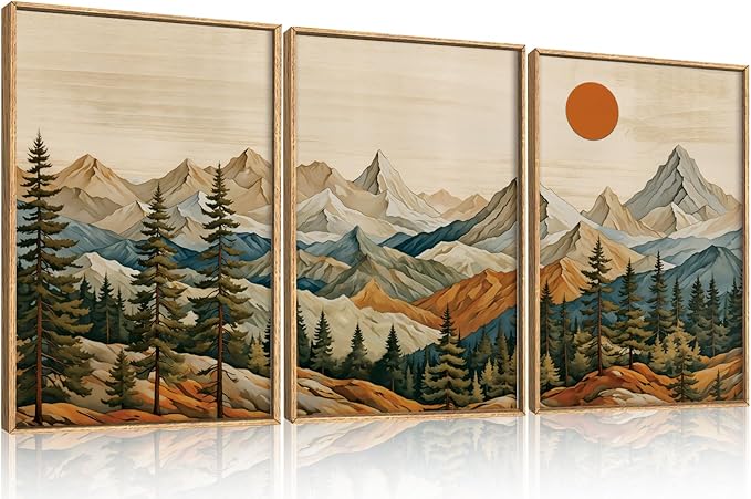 Ausril Boho Woodcut Mountain Framed Canvas Wall Art Set,Vintage Pine Tree Wall Decor,Brown Wooden Forest Art Painting,Natural Sunrise Artwork for Living Room, Bedroom, Office -24"X36"X3