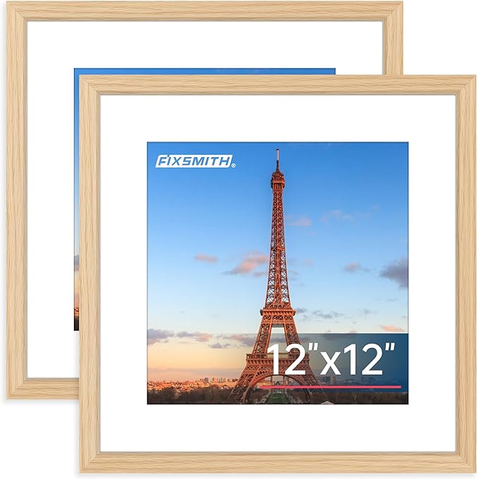 FIXSMITH 12x12 Picture Frame Natural Set of 2, Photo Frame with HD Plexiglass, Display Pictures 8x8 with Mat or 11x17 Without Mat, Gold Picture Frames Collage Wall Decor, Gallary Wall Frame