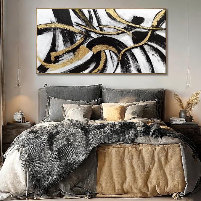 Black And Gold Abstract Framed Wall Art Minimalist Lines Painting Artwork Modern Picture Prints Large Wall Decor 24"x48"