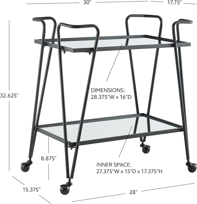 Linon Gina Black Mid Century Bar Cart with Mirrored Shelves