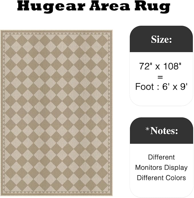 HUGEAR 6x9 Outdoor Rug Brown/Beige Linen-Look Fabric Checkered Area Rug High Traffic Stain Resistant Easy Clean Durable Rugs for Indoor/Outdoor Patio Deck Balcony Porch Garden Courtyard