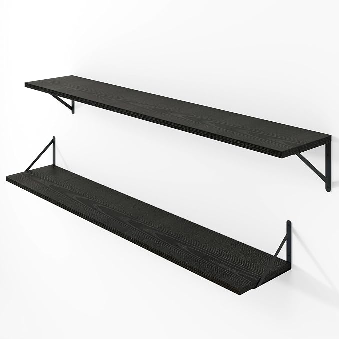 Vivelove Black Deep Floating Shelves for Wall, 48W x 8D Wood Wall Shelves Set of 2, Wide Floating Bookshelf for Living Room, Kitchen, Office, Bedroom and Decor Storage, with Metal Bracket - Black