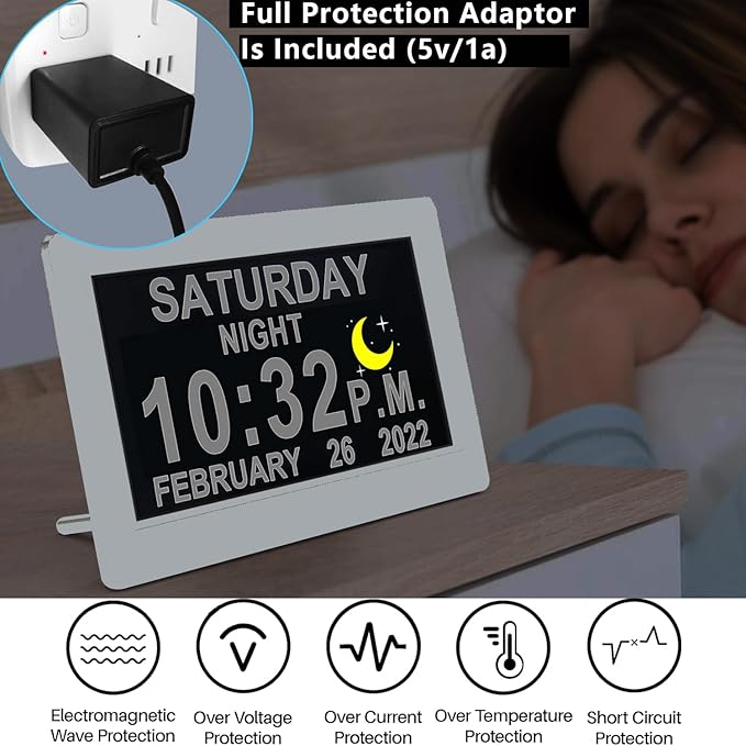 Upgraded Voice-Talking Dementia Clock with Date Time, 27 Alarms Custom Reminders, Sleep Trainer, Large Numbers, Auto DST, 10 Levels Night Dimmer, Digital Calendar Clock for Elderly, with 1.5M Adaptor