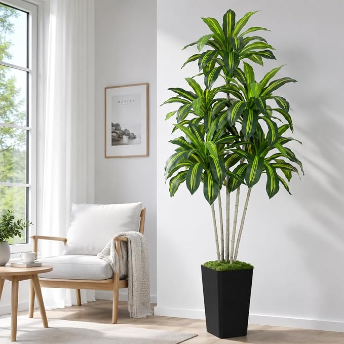 Dracaena Plant Artificial Tree 6Ft Tall Fake Tropical Floor Plants Potted (Real Touch) Artificial Silk Tree Leaf Faux Trees Black Tall Planter for Home Office Living Room Indoor Outdoor Decor