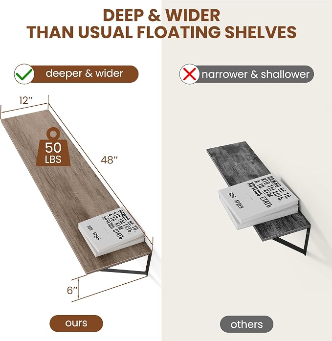 Heimlove Deep Floating Shelves for Wall, 48W x 12D Rustic Grey Wood Wall Shelves Set of 2, Large Floating Shelf for Living Room, Kitchen, Office, Bedroom and Decor Storage, with Metal Bracket - Grey