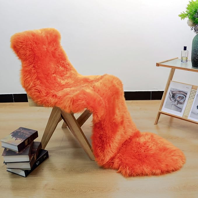 Orange Genuine Sheepskin Rug, Fluffy Fuzzy Soft Shaggy Fur Area Rug for Bedroom Living Room Fur Wool Pray Pup Carpet Cushion, Chair Sofa Seat Cover, Double Pelt/2FT*6FT