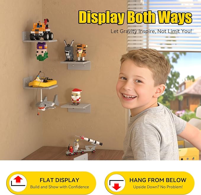 BlissBox 9-Pack Floating Display Shelves for Wall Compatible with Lego Building Bricks, 5 × 5.5 Inch Dual-Sided 16 × 17 Studs for Brick Storage and Display, ABS Display Shelf for Room Decor, Gray